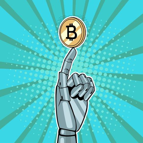 Mano robótica que sostiene goldRobotic mano que sostiene oro bitcoin. Ilustración de vector de pop art retro comic styleen bitcoin. Ilustración de vector en estilo cómic retro del arte pop