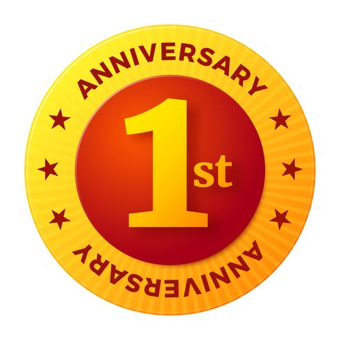 First Anniversary badge, gold celebration label vector