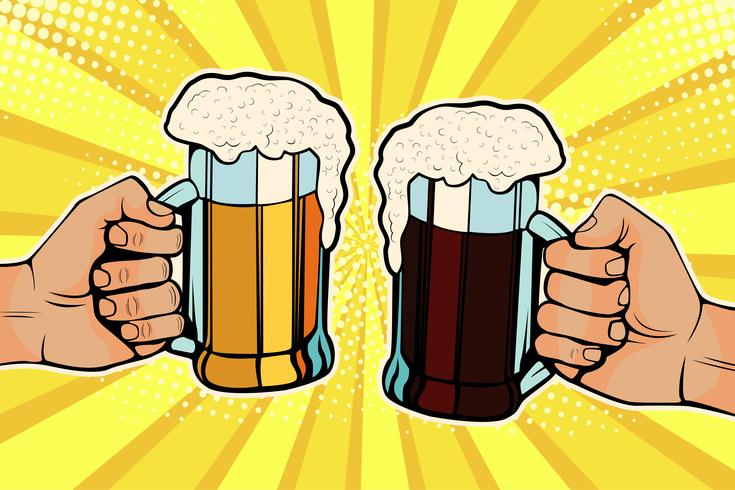 Hands with mugs of beer pop art retro comic style vector