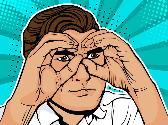 Businessman looking through binoculars made from hands pop art vector