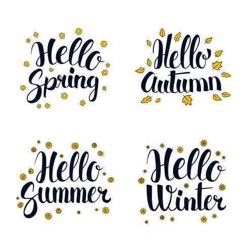 Hola primavera, verano, otoño e invierno. Diseño de banner de temporada de caligrafía. vector