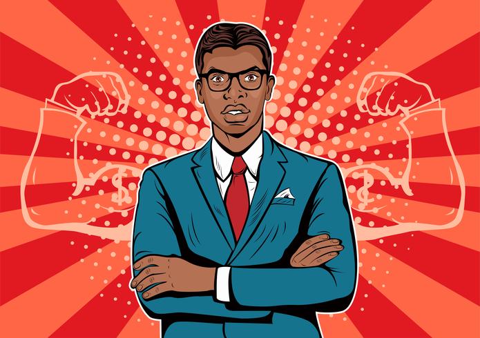 Afro american Man with muscles currency dollar pop art retro style. Strong Businessman in glasses in comic style. vector