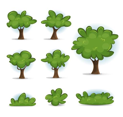 Bosque de dibujos animados de árboles, arbustos y setos vector