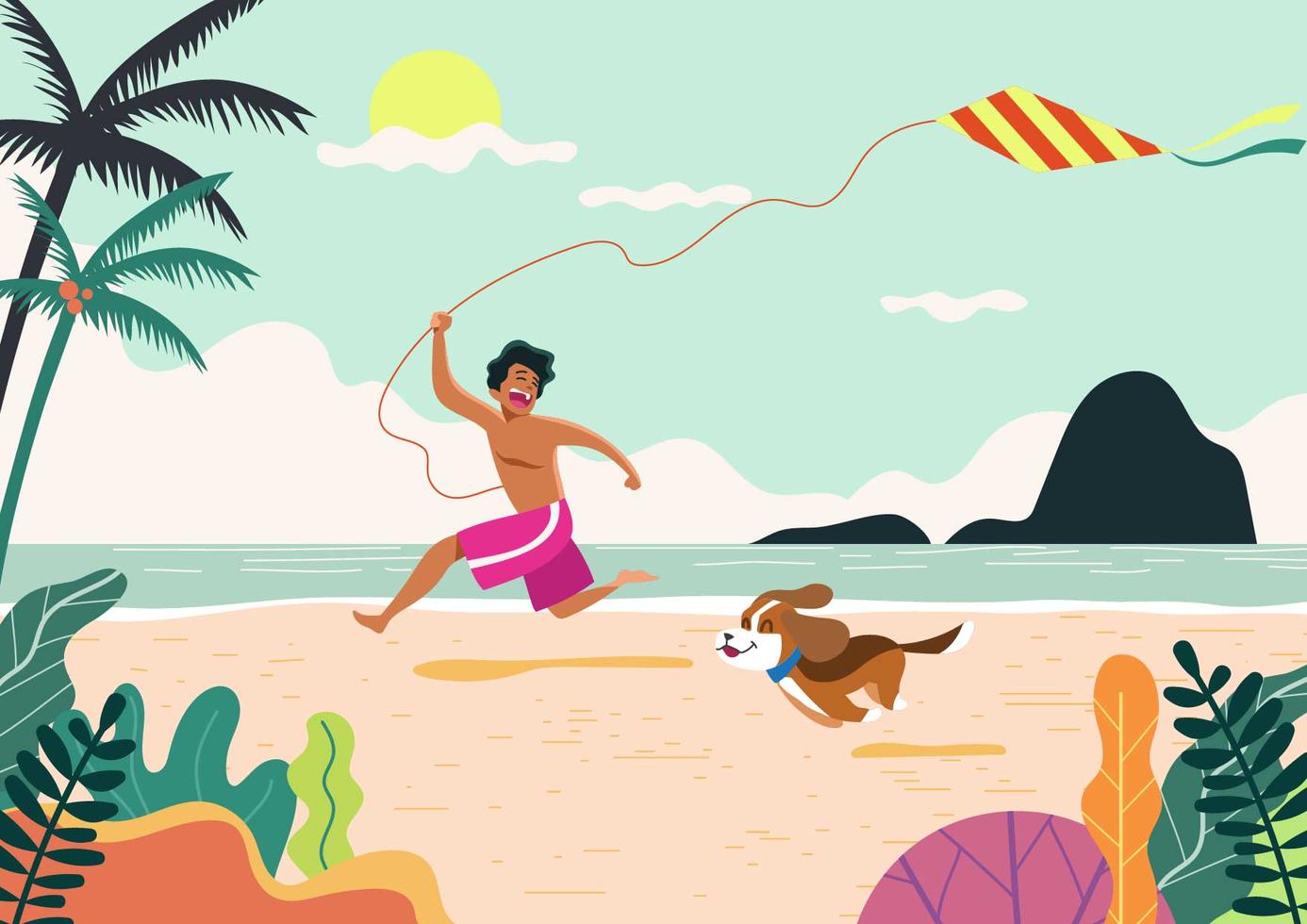 Actividades de playa para niños y perros vector
