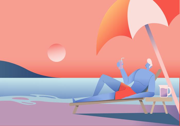 Hombre disfrutando de la puesta de sol en la playa Vector ilustración plana