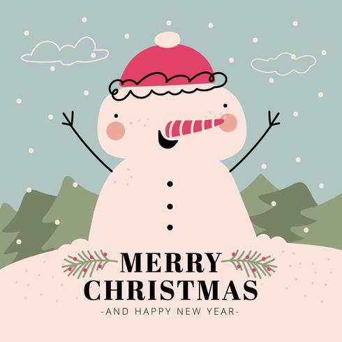 Cute Snowman Character Smiling With Christmas Tree, Snow And sky. vector