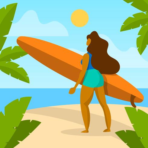 Flat Girl Brings Surfboard Beach Activity Vector Illustration