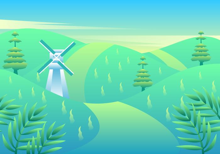 Windmill In Spring Landscape Vector