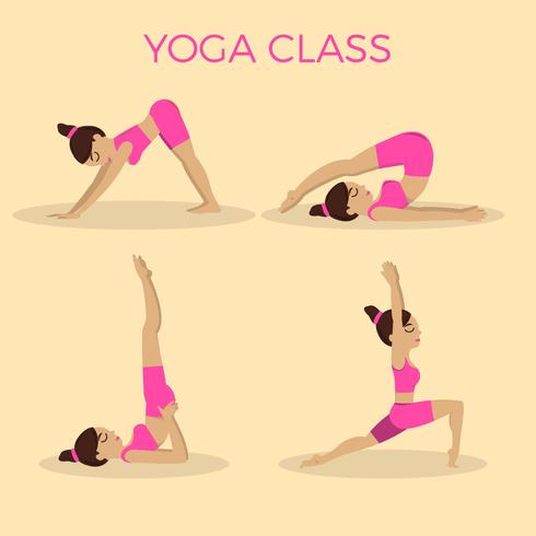 Flat Yoga Class Female Character Poses Vector Illustration