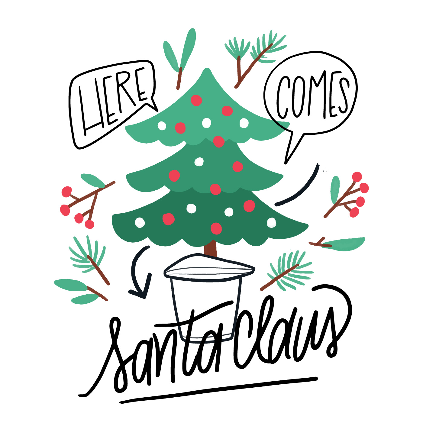 Download Cute Christmas Tree, Leaves, Flowers And Lettering ...