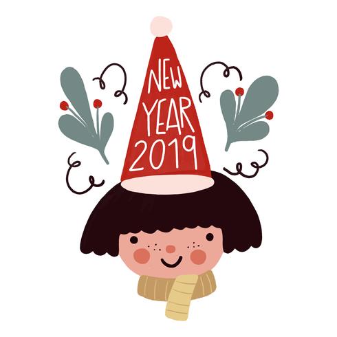 Cute Kid With Christmas Hat, Leaves And Lettering About New Year vector