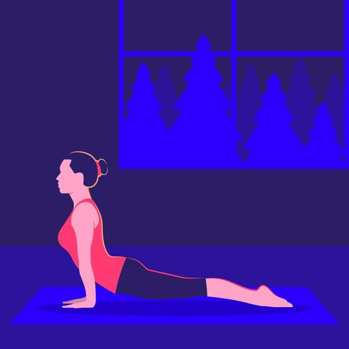 Mujer joven practicando yoga Cobra Asana interior clase ilustración vector