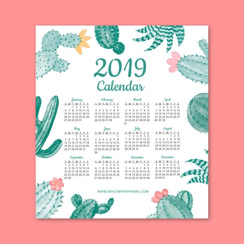 Cute 2019 Calendar With Cactus vector