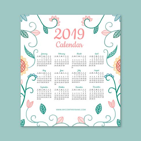 Cute 2019 Calendar With Flowers And Leaves vector