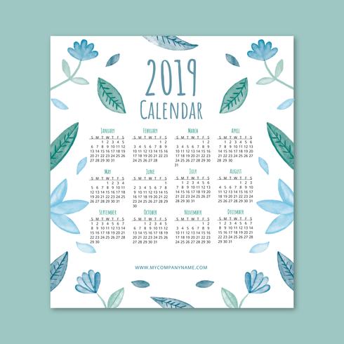 Cute 2019 Calendar With Blue Leaves And Flowers vector