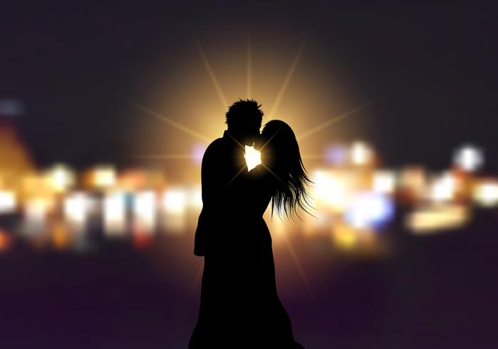 Silueta de una pareja amorosa sobre fondo de luces bokeh vector