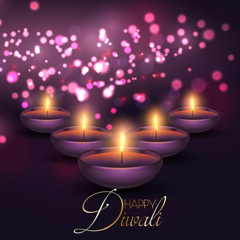 Diwali background with lamps on a bokeh lights background vector