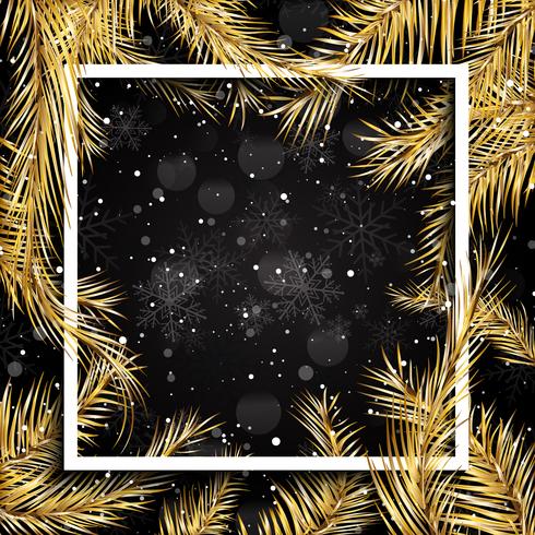 Christmas background with gold fir tree branches and white frame vector