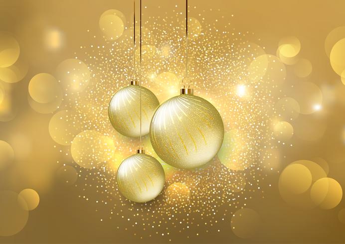 Christmas baubles on a golden bokeh lights background vector