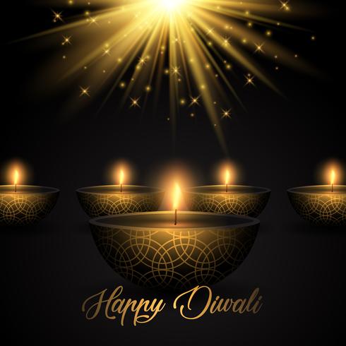 Diwali background with oil lamps on starburst background vector