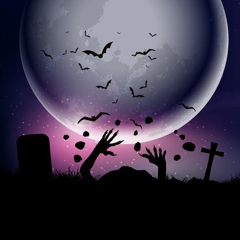 Fondo de Halloween con manos de zombie contra el cielo iluminado por la luna 0209 vector