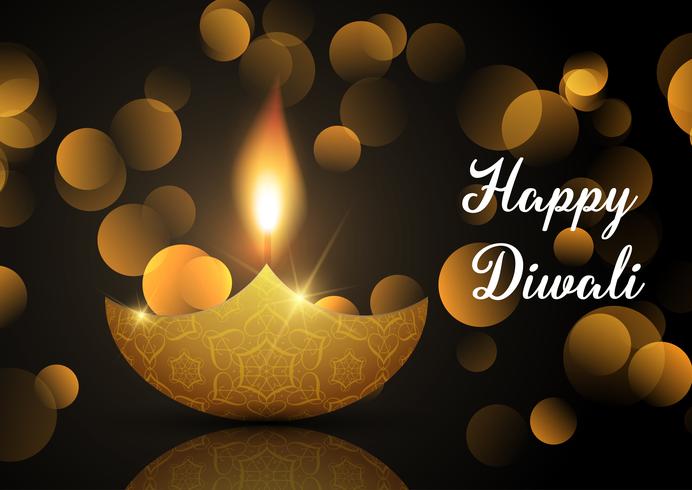 Diwali lamp background with bokeh lights vector