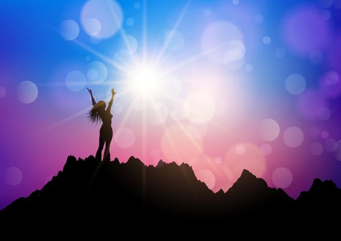 Female on a mountain landscape with arms raised in joy vector