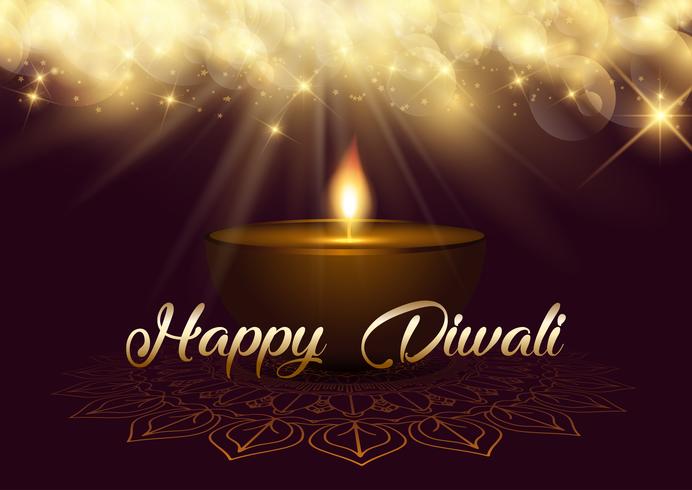 Diwali background with bokeh lights and oil lamp vector