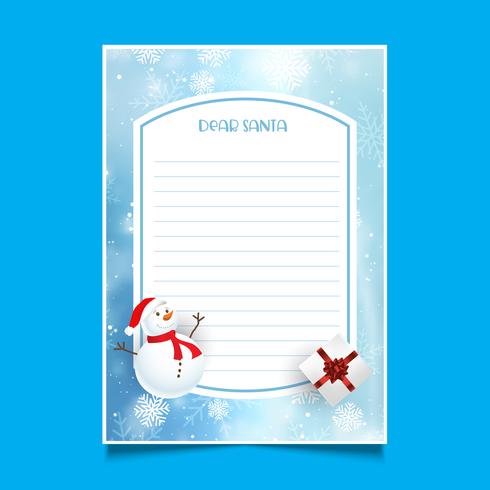 Carta navideña a santa con muñeco de nieve y regalo. vector