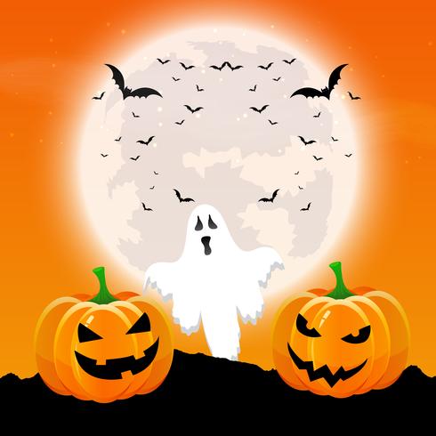 Halloween background with pumpkins and ghost in a moonlit landsc vector