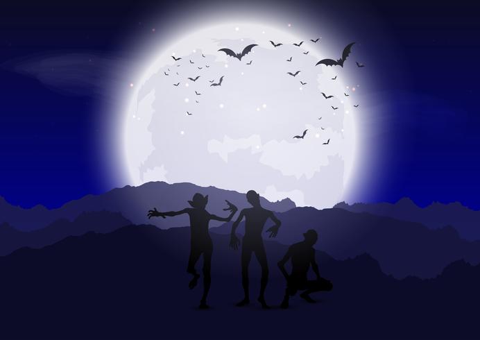 Zombies de Halloween contra el cielo iluminado por la luna. vector