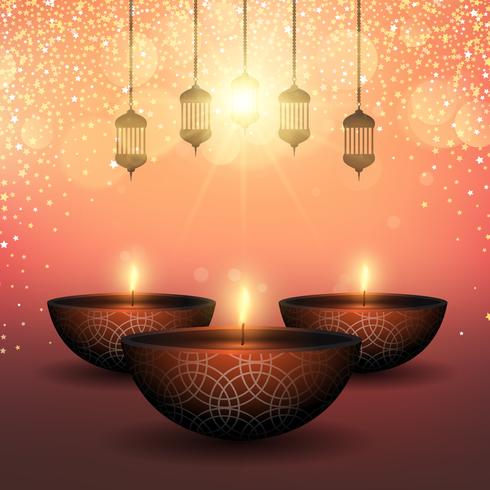 Fondo de Diwali con lámparas de aceite sobre un fondo estrellado vector