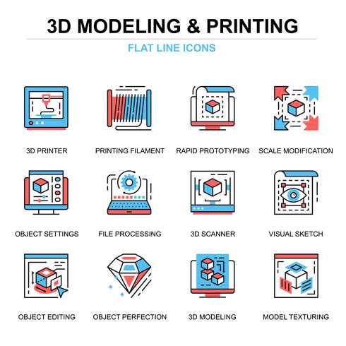 Conjunto de iconos de impresión y modelado 3D vector