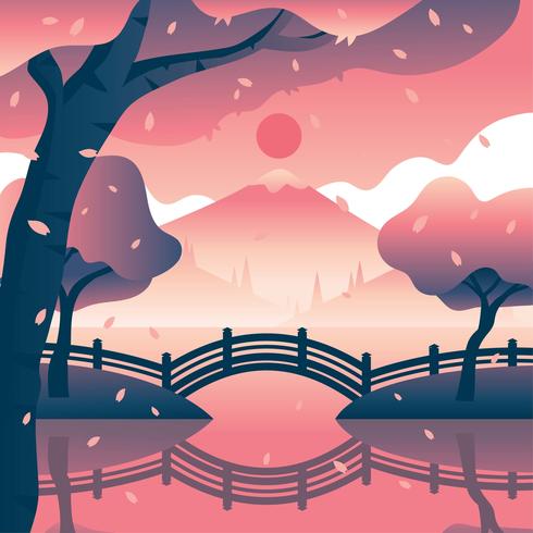 Cherry Blossoms At The Japanesse Lake Park Landscape vector