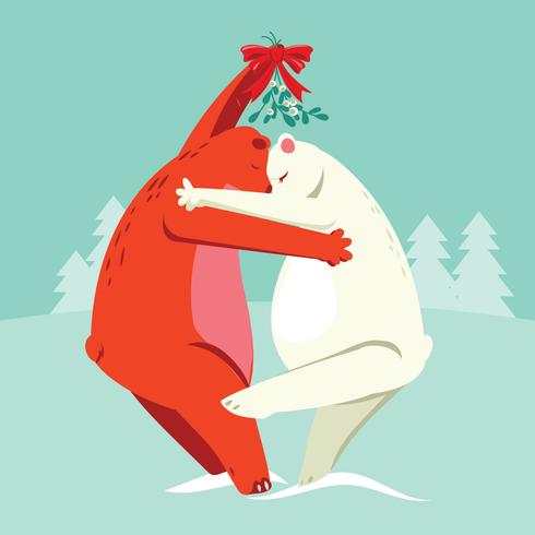 Illustration of two bears kissing under the mistletoe vector