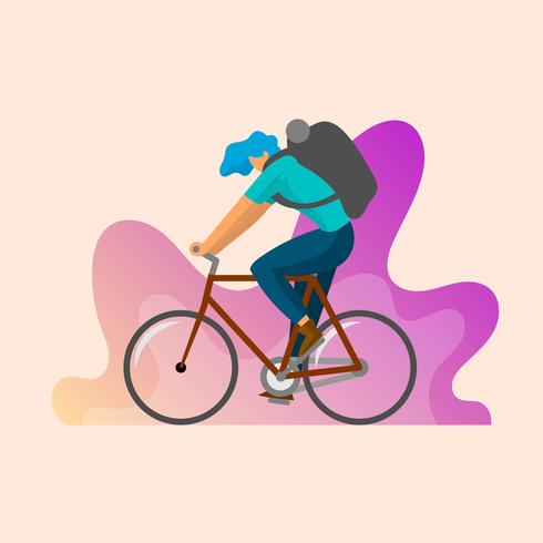 Flat Male Character Rides Bicycle Vector Illustration