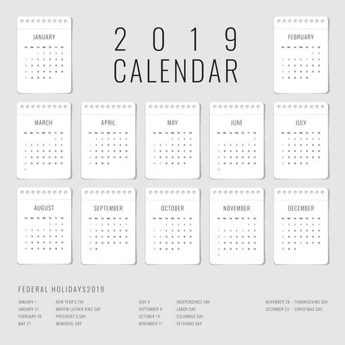 Calendario imprimible 2019 conjunto de 12 plantillas mensuales vector