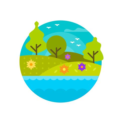 Flat Modern Spring Landscape In Circle Frame Vector Illustration