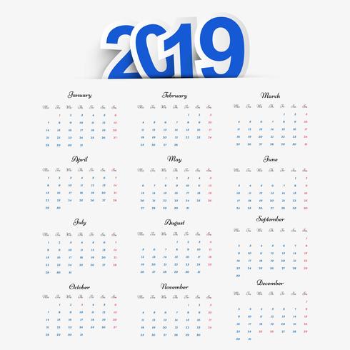 Vector de diseño de plantilla de calendario 2019