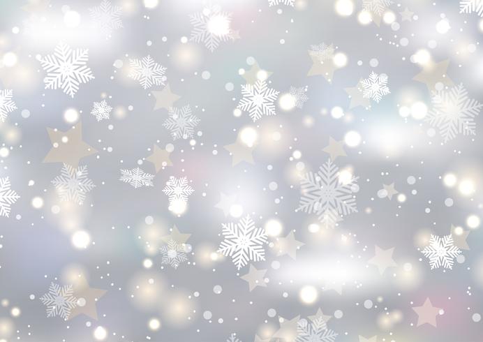 Fondo navideño de copos de nieve y estrellas. vector