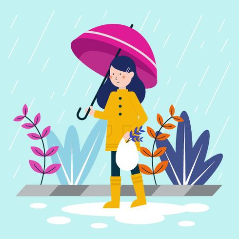 Young Girl Holding Umbrella Vector