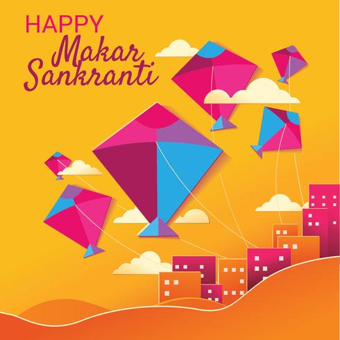 Estilo de papel artesanal de Happy Makar Sankranti con cometa de colores vector