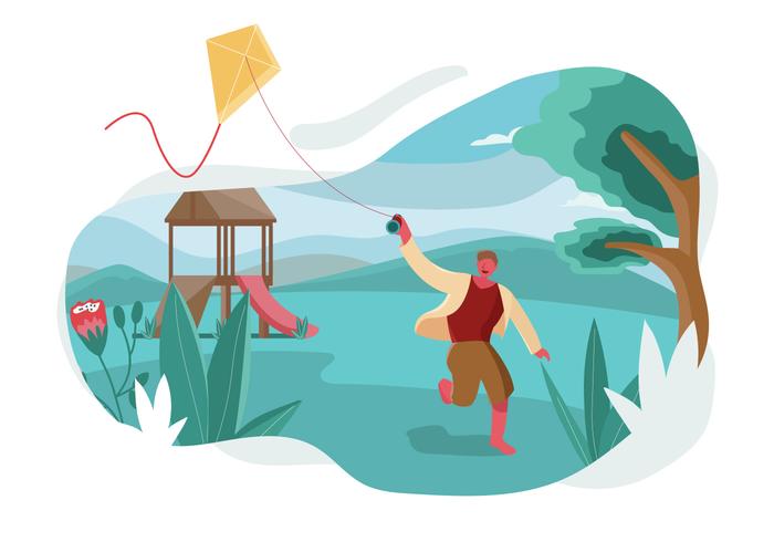 Boy Flying A Kite At Park vector Illustration