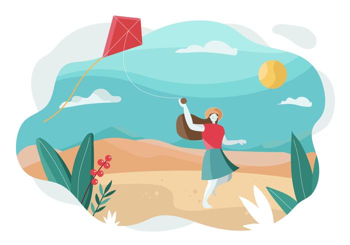 Girl Flying Kite Vector 