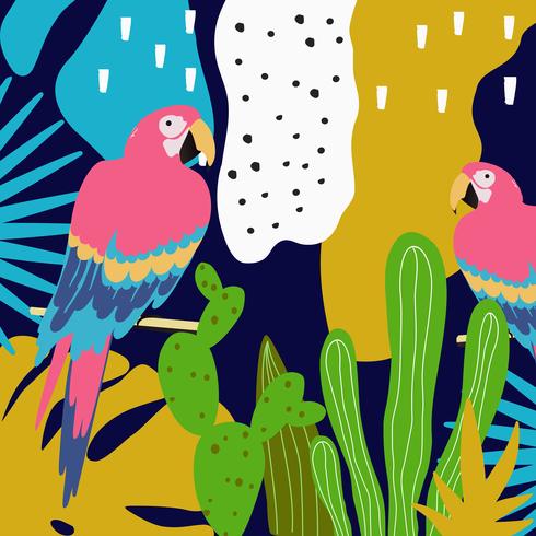 Tropical jungle leaves background with parrots vector