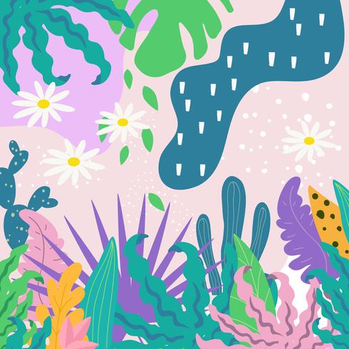 La selva tropical sale del fondo. Diseño de cartel de flores tropicales. vector