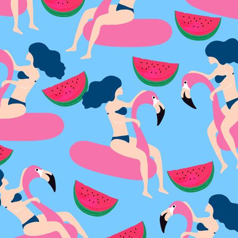 Diseño de patrones sin fisuras de verano con mujer flotando vector