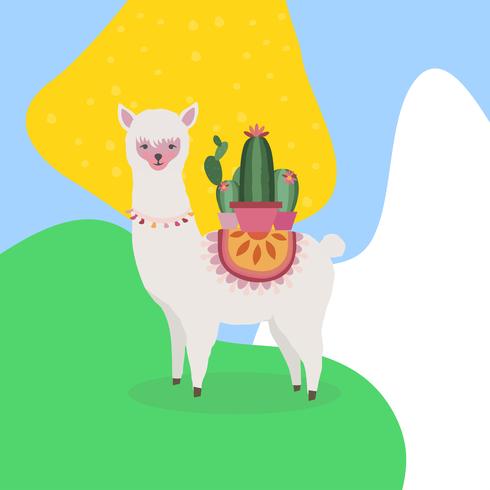 Llama o alpaca con ilustración de vector de fondo colorido de cactus