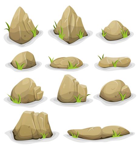 Rocks And Boulders With Grass Leaves Set vector