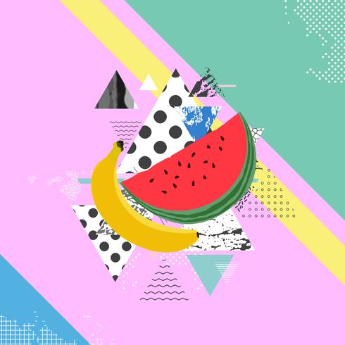 Trendy colorful background with watermelon and banana vector